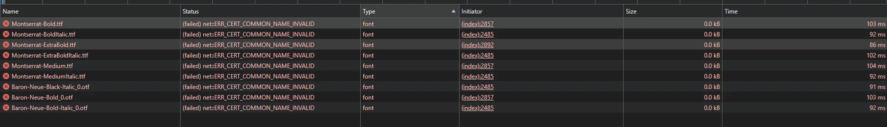 Network: запросы файлов шрифтов со статусом failed net::ERR_CERT_COMMON_NAME_INVALID